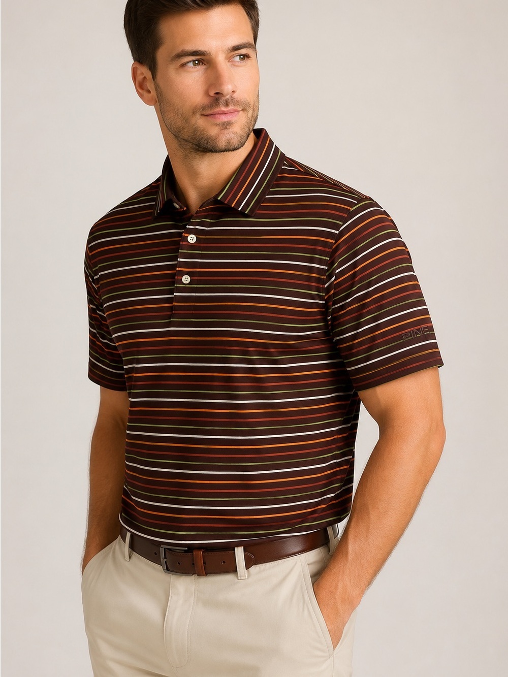 Ping Collection Brown Striped Golf Polo Shirt Men’s Large Mercerized Cotton L